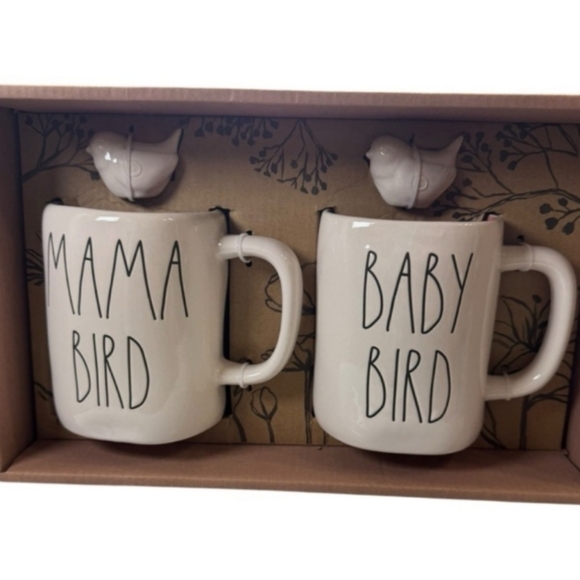 Rae Dunn Ceramic Mug Set - Mama Bird & Baby Bird With Bird Charms - New In Box - Picture 2 of 10